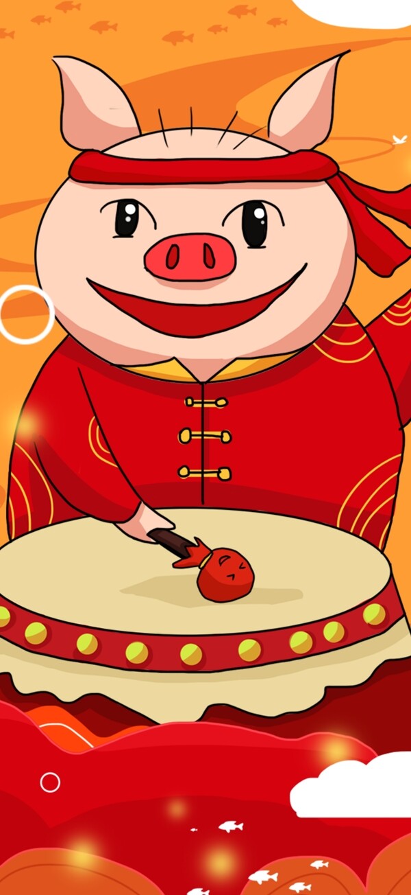 中国风红色喜庆猪年可爱卡通小猪打鼓插画