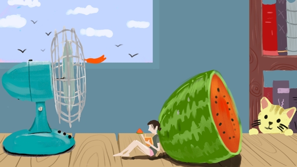 夏天享受着风扇西瓜的人插画治愈配图