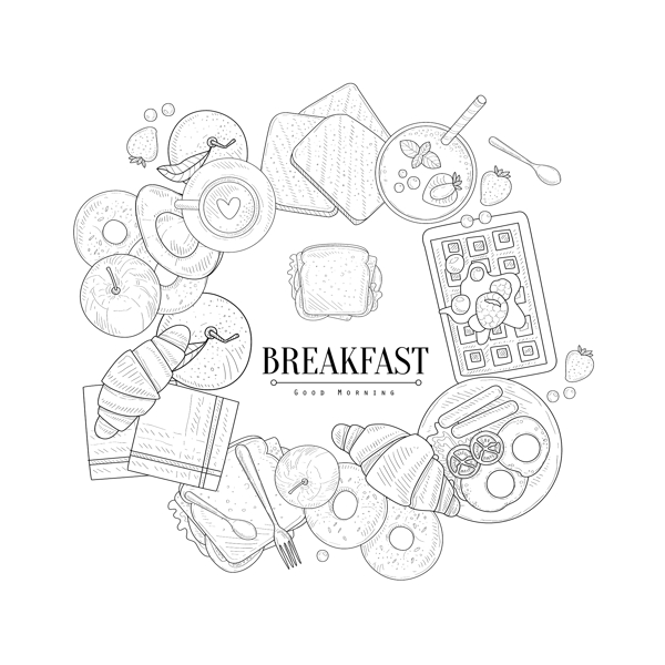 黑白手绘面包早餐插画