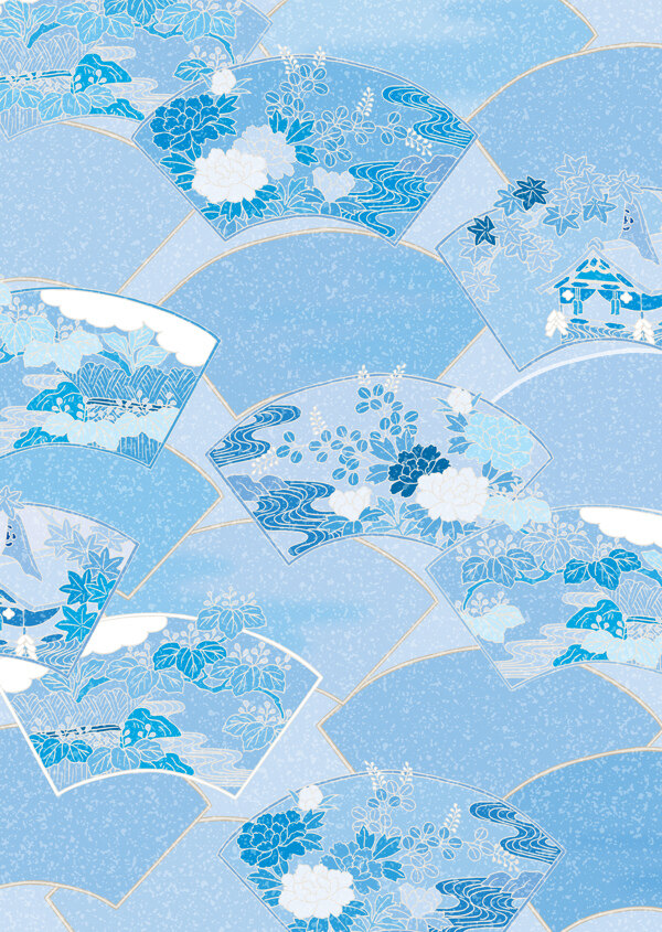 日式花纹蓝色牡丹扇形底纹图片
