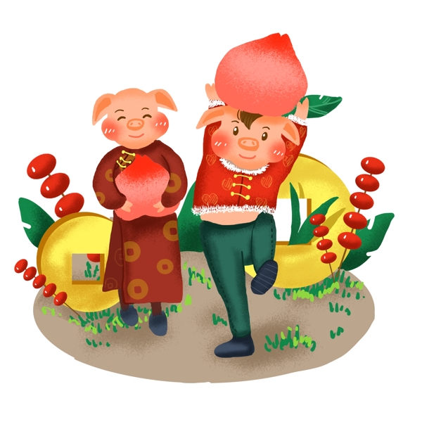 簡(jiǎn)約豬年豬桃子銅錢糖葫蘆場(chǎng)景插畫(huà)元素