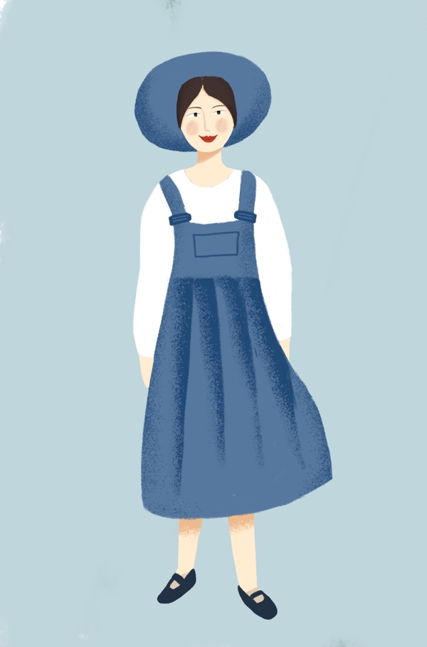 手绘蓝色长裙戴帽子的女人