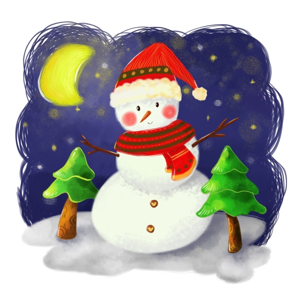小清新手绘插画风圣诞节可爱雪人冬季夜晚小场景