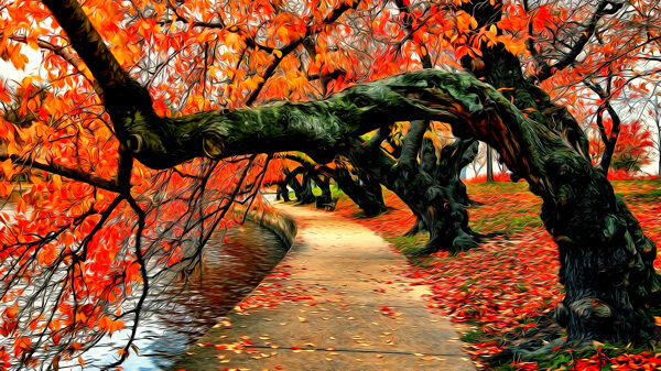 秋天红叶风景油画图片