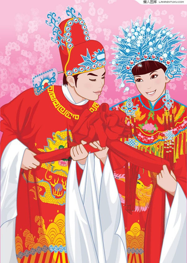 插画中国婚庆传统服饰
