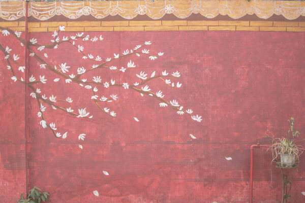 文艺意境红色樱花复古墙
