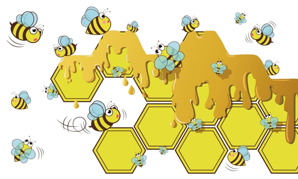 卡通一群蜜蜂和蜂巢