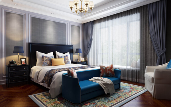 现代美式经典奢华风格卧室纱窗装修效果图