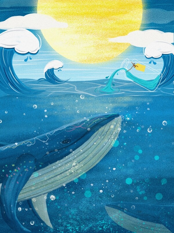 原创海蓝时遇鲸治愈系插画