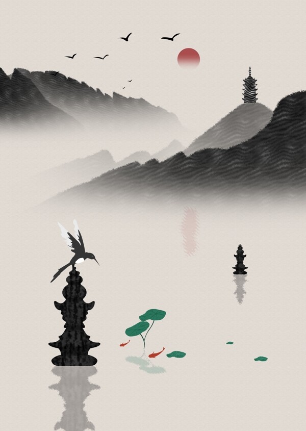中式山水喜鹊荷叶办公室装饰画