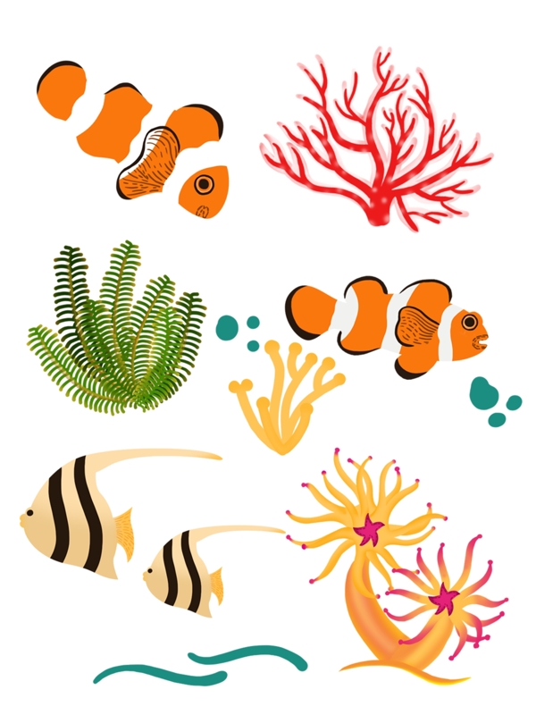 手绘海洋动物小丑鱼海葵