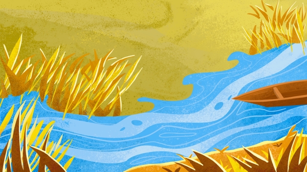 綠色清新風河邊風景插畫背景