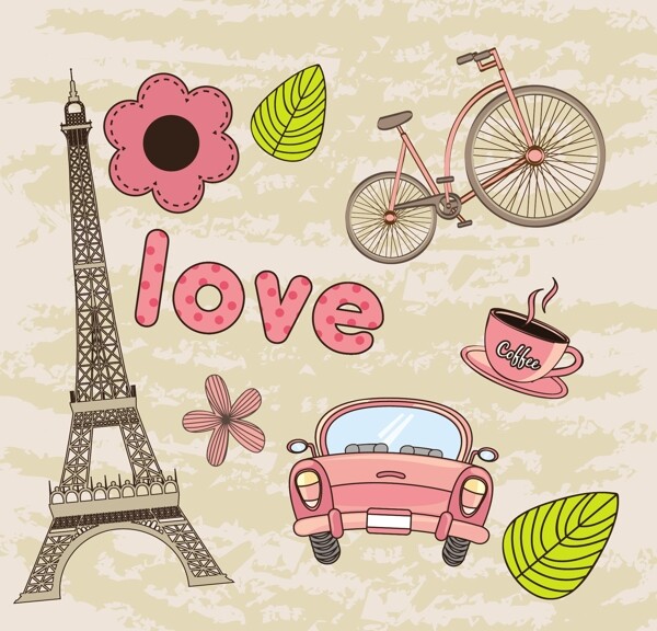 巴黎卡通元素自行車汽車love