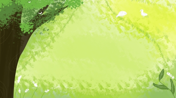 绿色小清新草地大树插画背景设计
