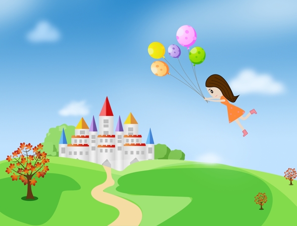 女孩飞向梦想城堡卡通画矢量图