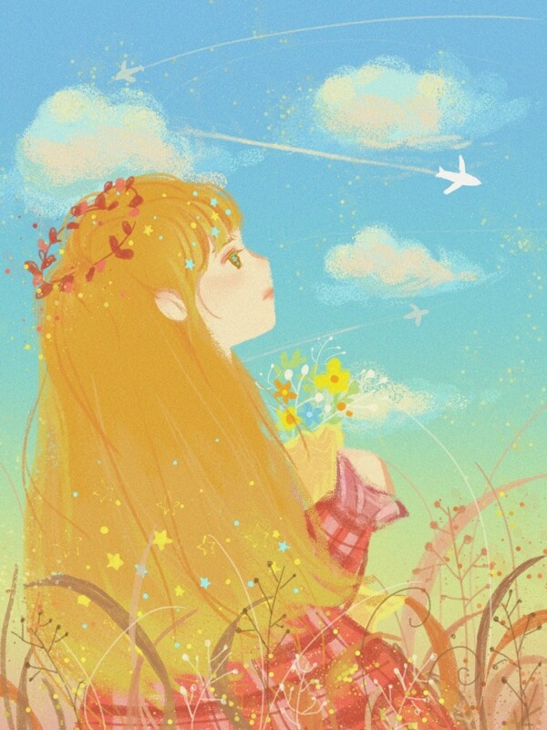 女孩抱花眺望天空