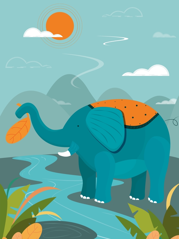 大象自然印记植物花草太阳原创矢量插画蓝色