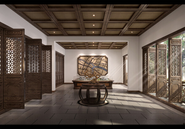 中式古香古色售楼处会议室工装效果图