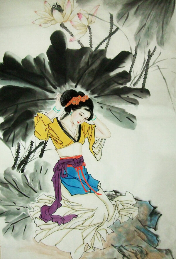 荷池仕女圖片