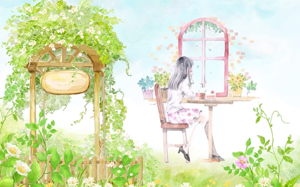 手繪風景女孩