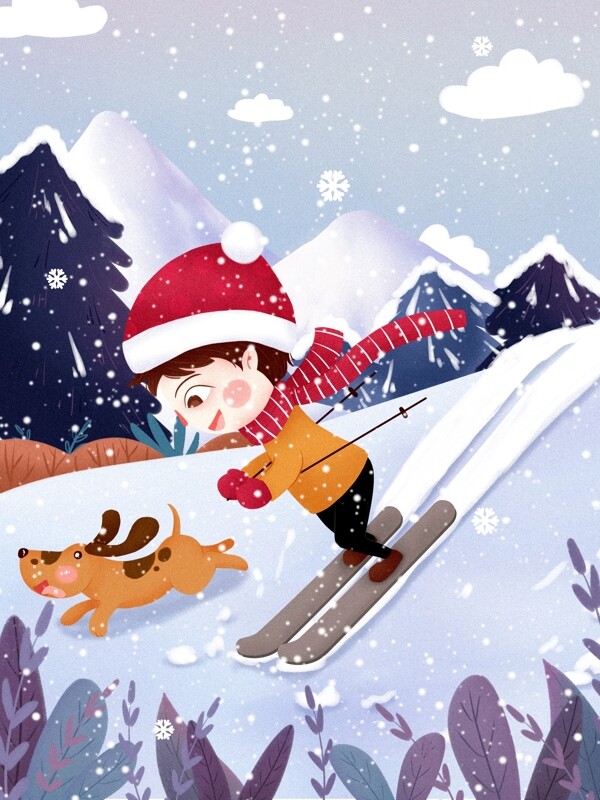 冬天男孩和狗狗滑雪清新卡通插畫