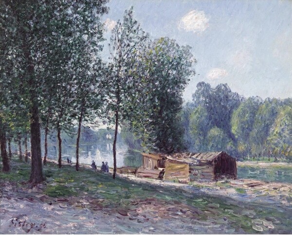 AlfredSisleyCabinsattheBankofLoingMorningEffect1896法国画家阿尔弗莱德西斯莱alfredsisley印象派自然风景天空油