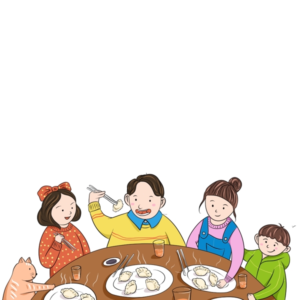 卡通手绘全家吃年夜饭春节冬至吃饺子