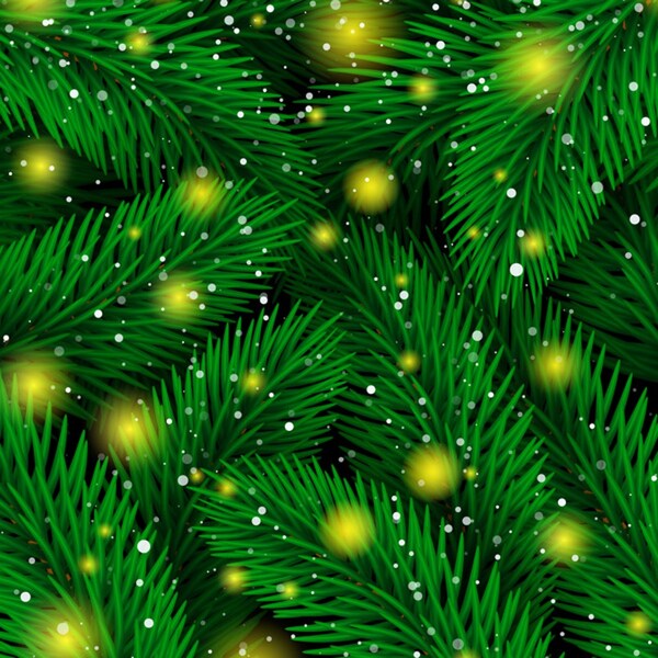 冷杉树的树枝和星星的光矢量的无缝图案