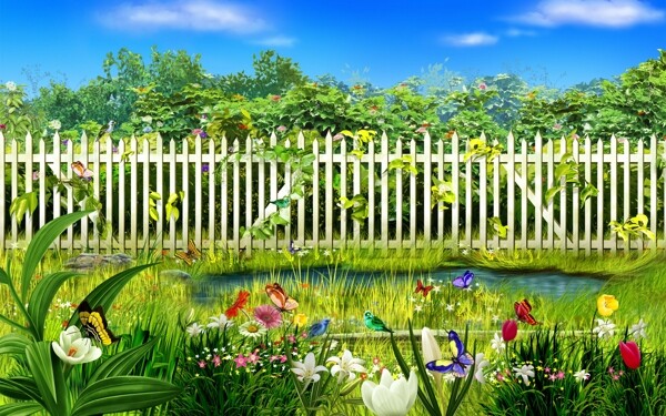 篱笆花草树木图片