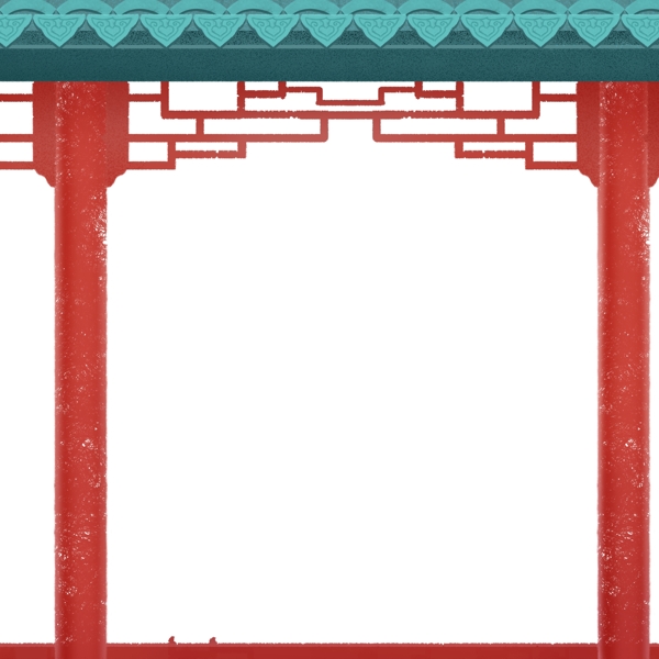 红色柱子蓝色砖瓦的古代走廊免抠图