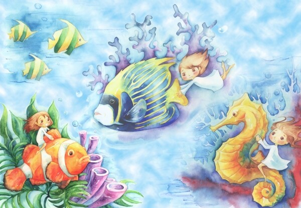 海底魚群水草珊瑚圖片