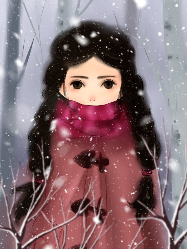 雪中戴围巾的麻花辫女孩水彩风格