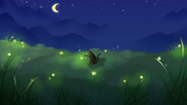你好晚安萤火虫的草地上小胖喵玩耍插画