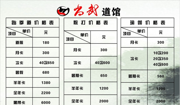 跆拳道價(jià)格表圖片