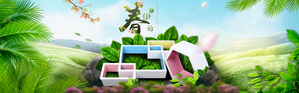 清新綠色植物春季banner背景素材