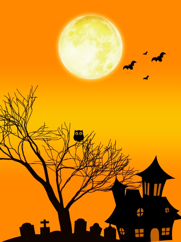 万圣节鬼屋蝙蝠枯树猫头鹰月亮