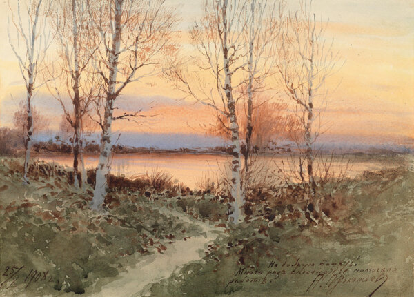 湖边夕阳美景油画