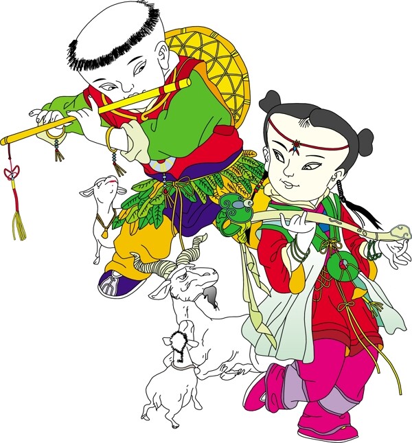 中國娃放羊年畫矢量圖