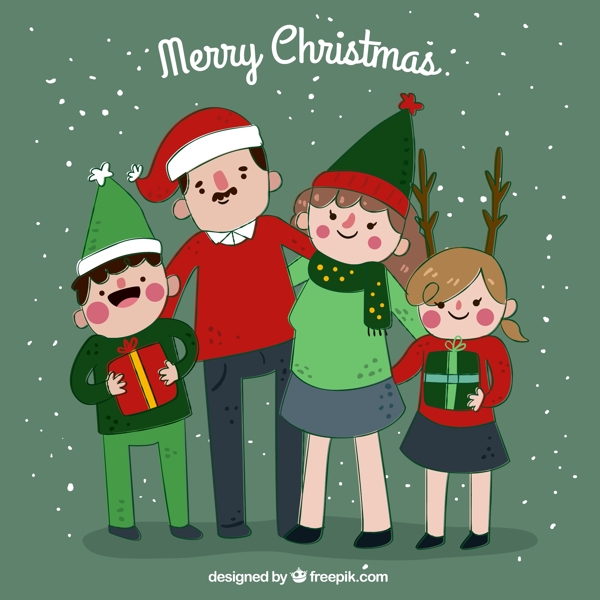 手绘家庭背景与圣诞帽