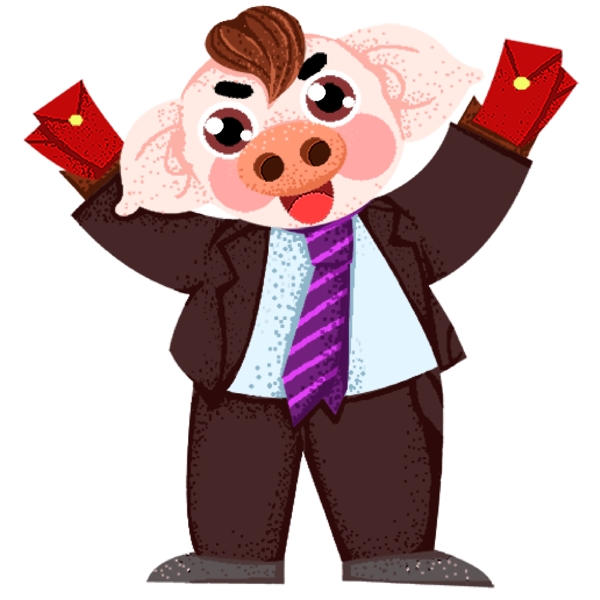 手绘拿着红包的商务小猪形象