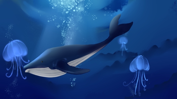 蓝色海洋中的鲸鱼水母卡通背景