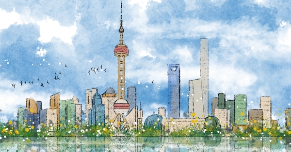 上海地标建筑城市插画卡通背景