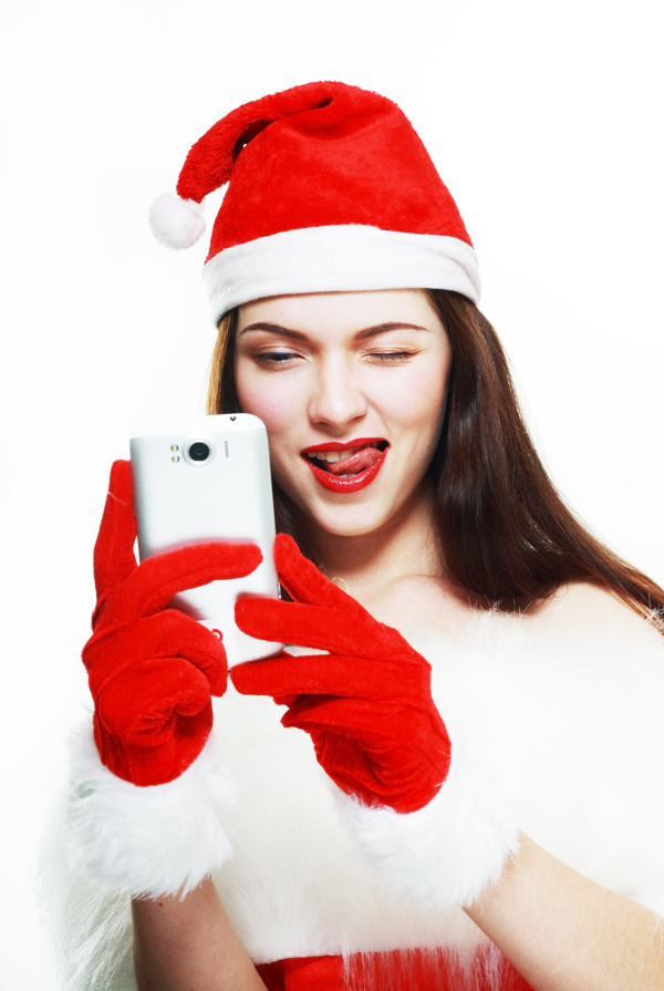 拿着手机的圣诞装美女图片
