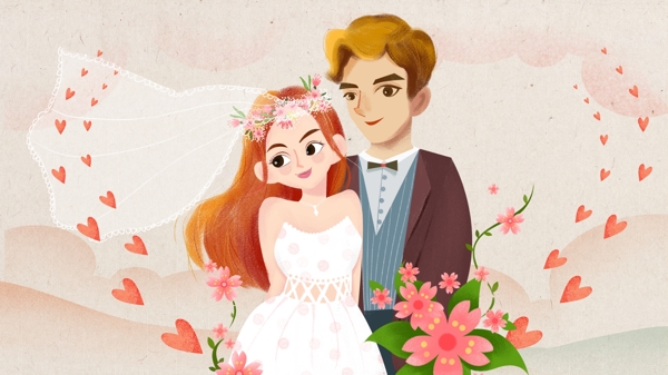 靠着的新娘和新郎花朵卡通背景