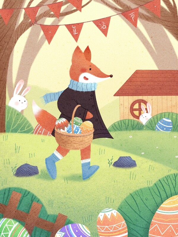 复活节捡彩蛋的小狐狸