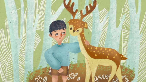 森林与鹿男孩和小鹿玩耍商业插画
