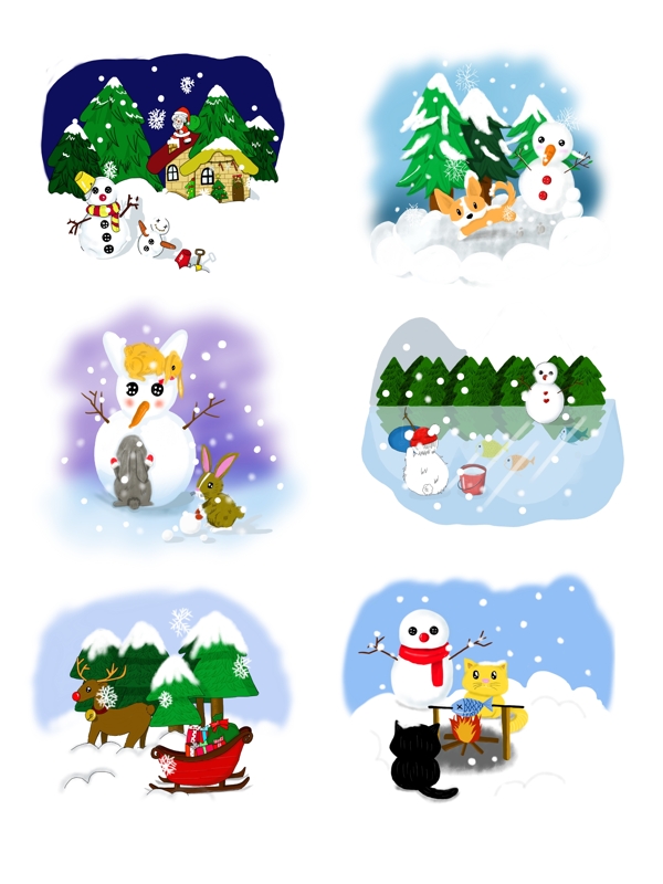 手绘圣诞节冬日雪景可商用插画元素套图