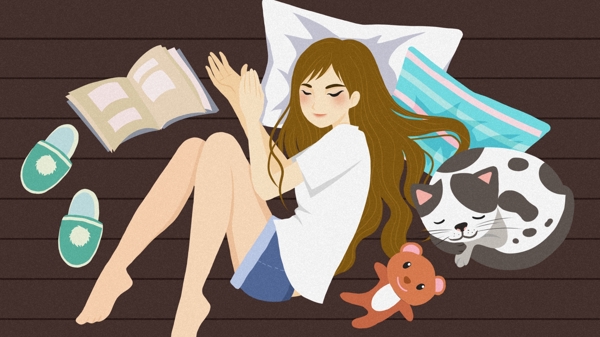 清新卡通女孩與貓咪萌寵插畫