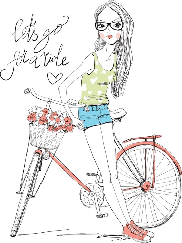 手绘卡通女孩自行车矢量图下载