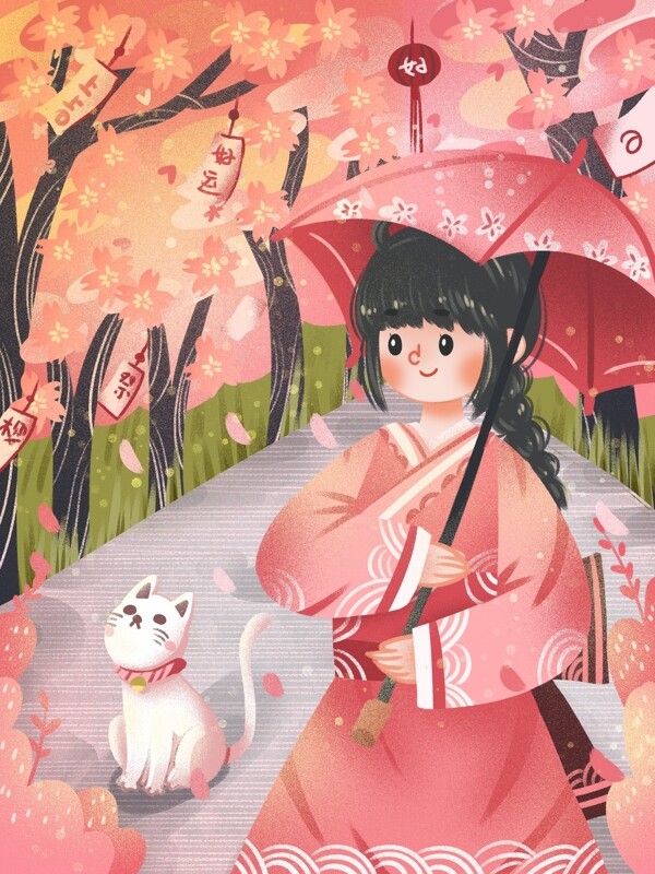 樱花下的穿着和服的日本少女宠物樱花节旅游